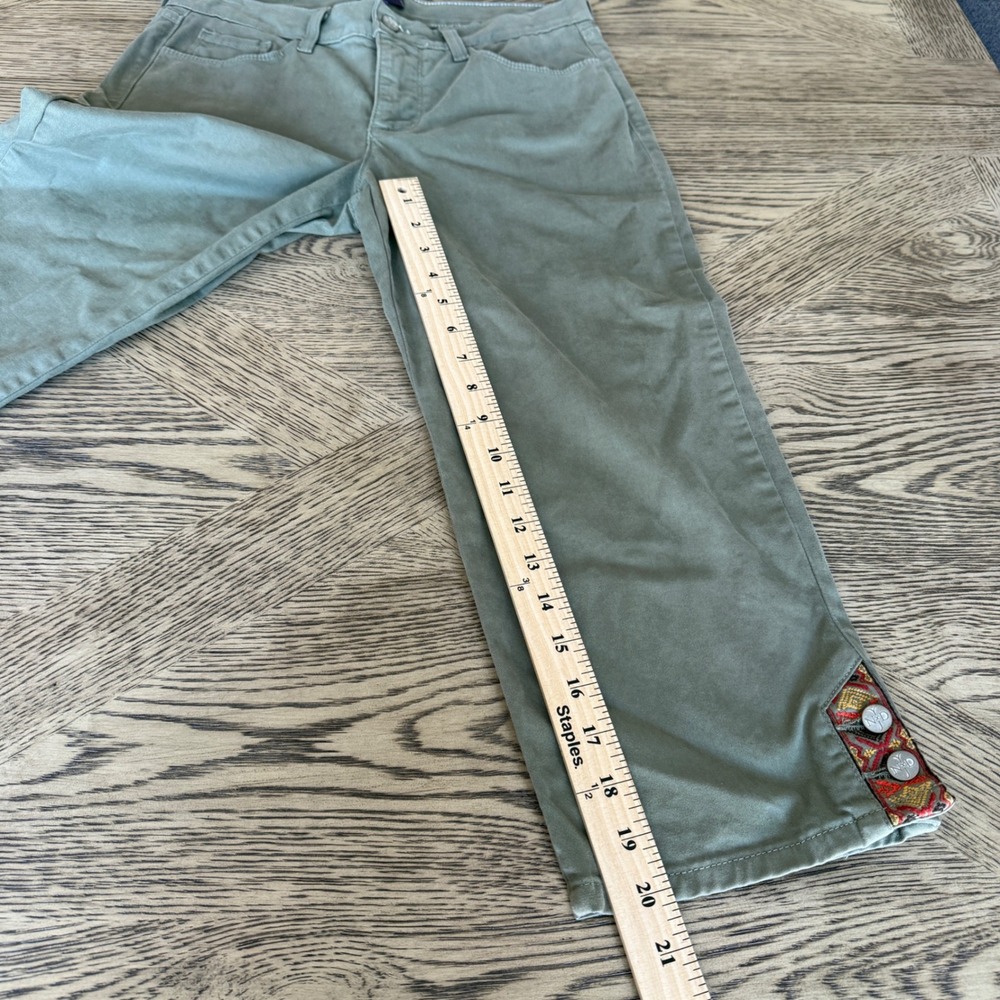 NYDJ Olive Green Cropped Pants Embroidered Hem Button Detail Size 2 - Picture 6 of 14